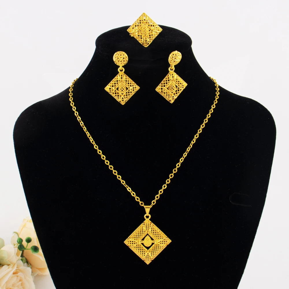 YM Gold Color Hollow Out Women Jewelry Set Mid East Dubai Earrings Ring Nigeria Necklace Jewelry Wholesale Gift for Mother's Day