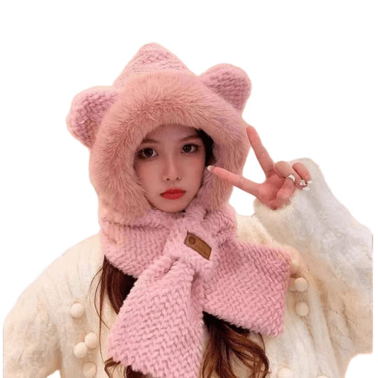 New Winter Plush Bear Neck Warmer Hat for Women Windproof Ear Warmers Thickened Female Cycling Versatile Hats and Scarf Set 2