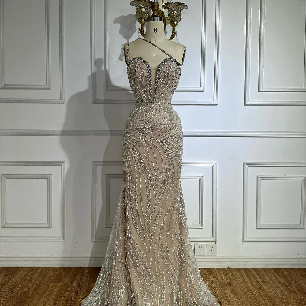 Serene Hill 2025 Customized Nude Beaded One-Shoulder Evening Dresses With Crystal Embellishments For Formal Occasion LA72872 Beauty hair & fashionfj