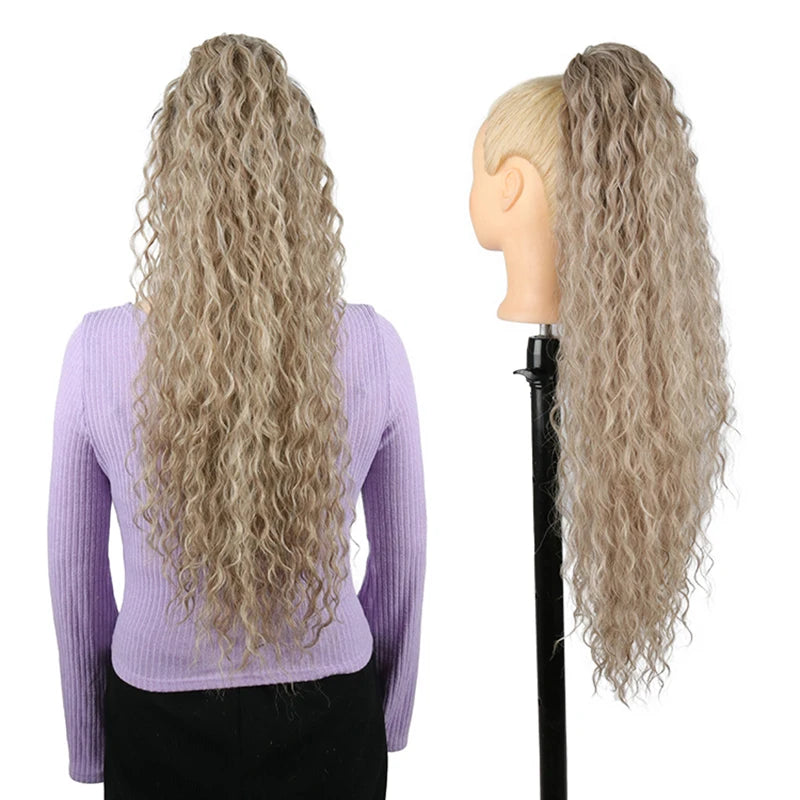 Julianna Synthetic Kanekalon Black Drawstring Water Wave Ponytail Extension Female Curly Wavy Clip In Ponytail Hair Extension