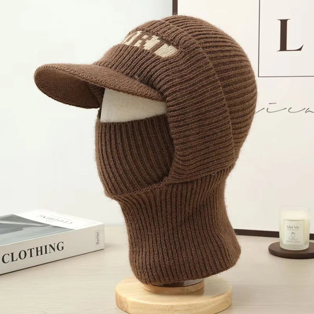 Winter Knitted Hat For Men Women With Ear Protection Integrated Mask Scarf  Couples Windproof Warm Headgear Travel Hat Black