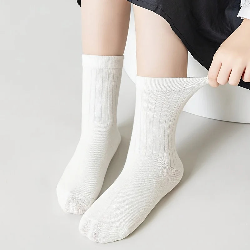 5 Pairs of Kidsren's Socks, White Pure Color, Cute and Versatile Mid-Calf Socks for Boys, Girls, Middle and Older Kidsren, Suitable for Daily Casual Wear