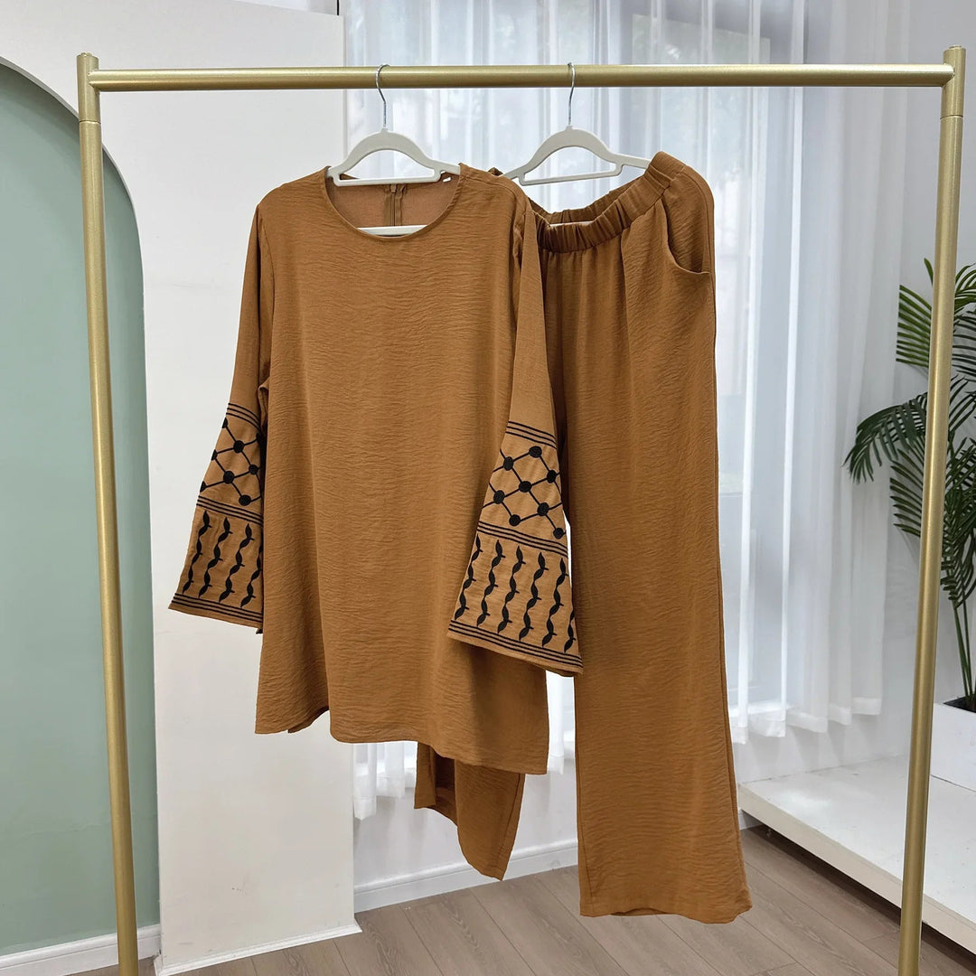 2PCS Embroidery Muslim Women Long Sleeve Tops Pants Set Dubai Turkey Outfits Islamic Clothing Kebaya Eid Ramadan Robe Abaya Suit Beauty hair & fashionfj