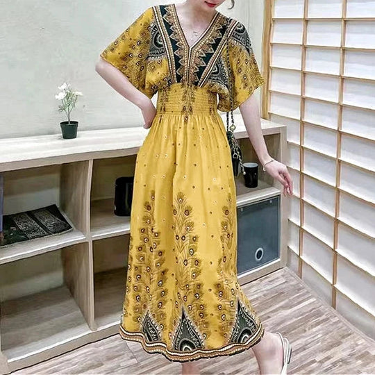 Summer Trend Ethnic V-Neck Printed Women's Dress Vintage Elegant Batswing Sleeves Elastic Waist Large Swing Casual Holiday Dress Beauty hair & fashionfj