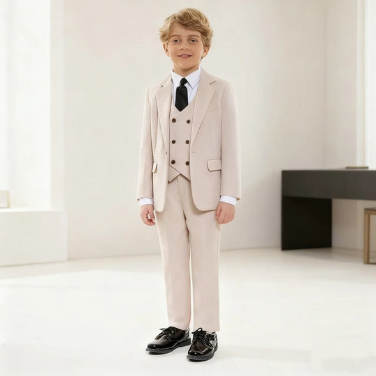 Stylish Boys'  Solid Suits for Boys 3-Piece Smart Handsome Boy's Tuxedo Formal Outfit For Kids Blazer Vest And Pants For Party