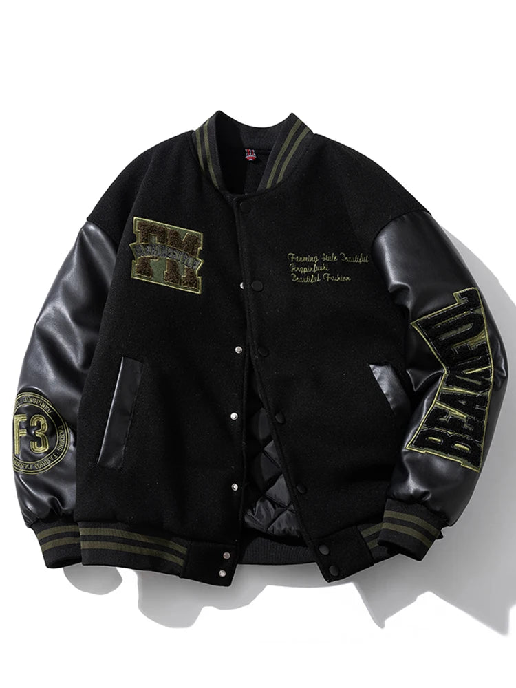 Winter Varsity Jacket Man Leather Sleeves Letter Embroidery Jacket Racing Motorcycle Woolen Coat Button Thick Warm Cool Original