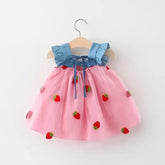 (0-3 Years) Summer New Girls Dress Small Flying Sleeve Bow A-child Dress Embroidered Strawberry Cool Princess Dress Beauty hair & fashionfj