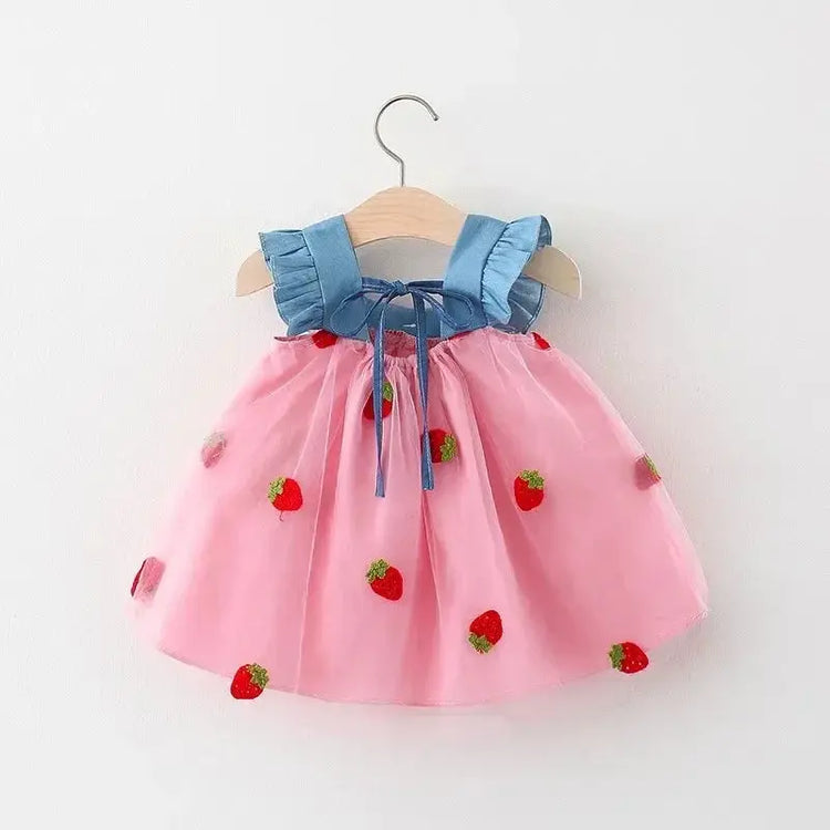 (0-3 Years) Summer New Girls Dress Small Flying Sleeve Bow A-child Dress Embroidered Strawberry Cool Princess Dress Beauty hair & fashionfj