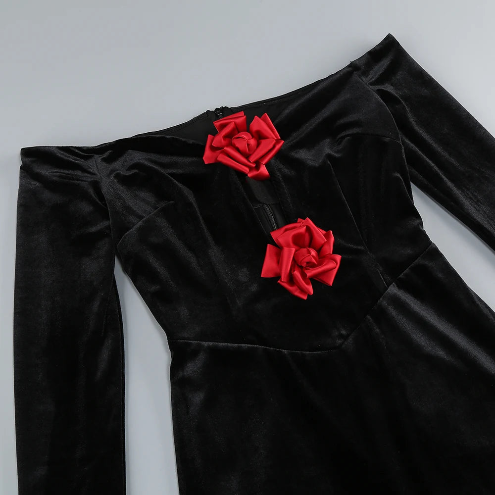 Elegant Off Shoulder Velvet Gown with Red Rose Appliqué – Black Romantic Dinner Luxury Evening Events Long Dresses Vestidos Beauty hair & fashionfj