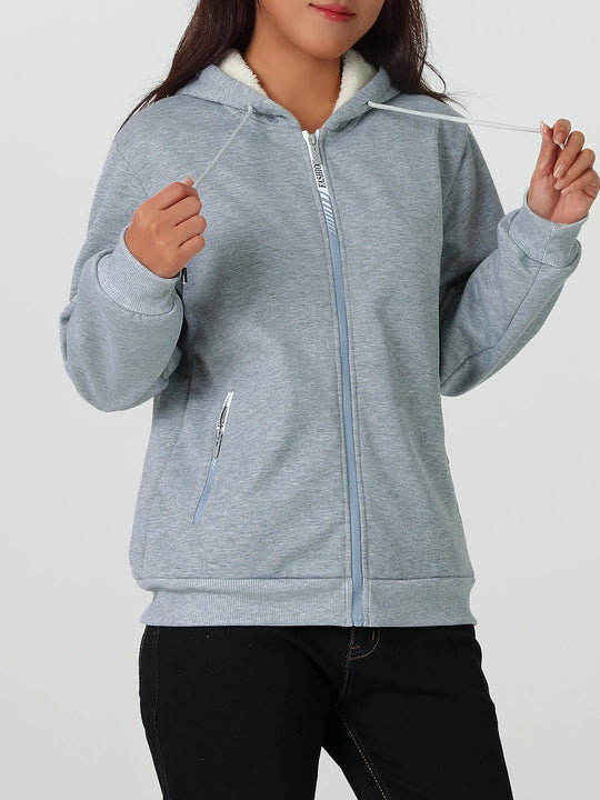 A Winter Women's Jacket, Fleece-Lined and Thickened for Warmth, Loose Casual Women's Outerwear, Polyester Fabric, Zip-Up Front, Side Zipper Pockets, Solid Color Hooded Jacket, Hidden Large Pockets Inside