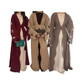 Women Muslim Arab Bow Round Neck Gown Long Sleeves Corset Ramadan Elegant Loose Cardigan Beauty hair & fashionfj