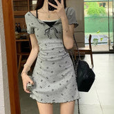 Lucyever Fake Two Piece Bowknot Print Dress Women Summer Lace Patchwork Short Sleeve Dresses Korean Fashion Slim Mini Dress Lady Beauty hair & fashionfj