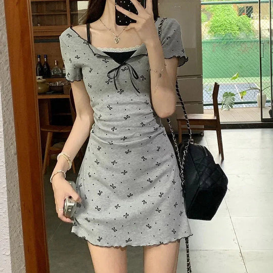 Lucyever Fake Two Piece Bowknot Print Dress Women Summer Lace Patchwork Short Sleeve Dresses Korean Fashion Slim Mini Dress Lady Beauty hair & fashionfj