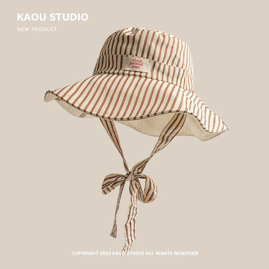 Korean Version Ins Retro Striped Big Brim Sun Hats for Women Summer Travel Sunscreen Versatile Fashion Strap Bucket Hat Beauty hair & fashionfj