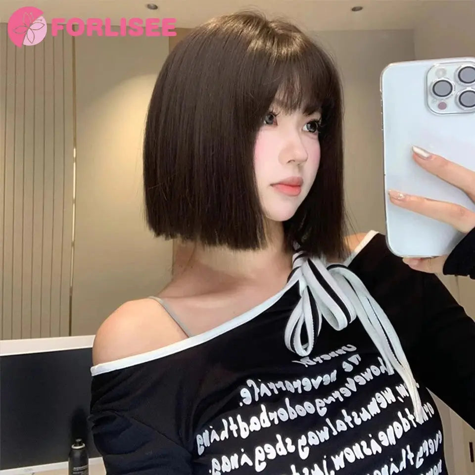 FORLISEE Synthetic Wig Short Black Brown with Bangs for Women Bob Straight Wig High Temperature Daily Cosplay Party Wigs Beauty hair & fashionfj