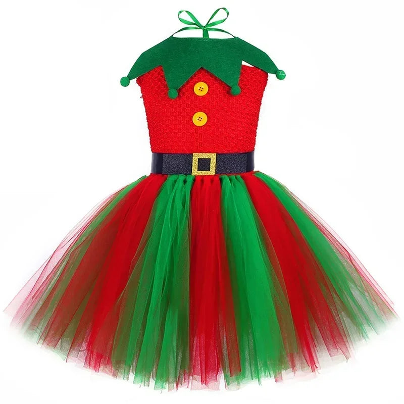 Christmas Elf Costume for Girls Xmas Holiday Party Tulle Dress Up Clothes Toddler Kids Red Green Elf Tutu Princess Dress Outfit