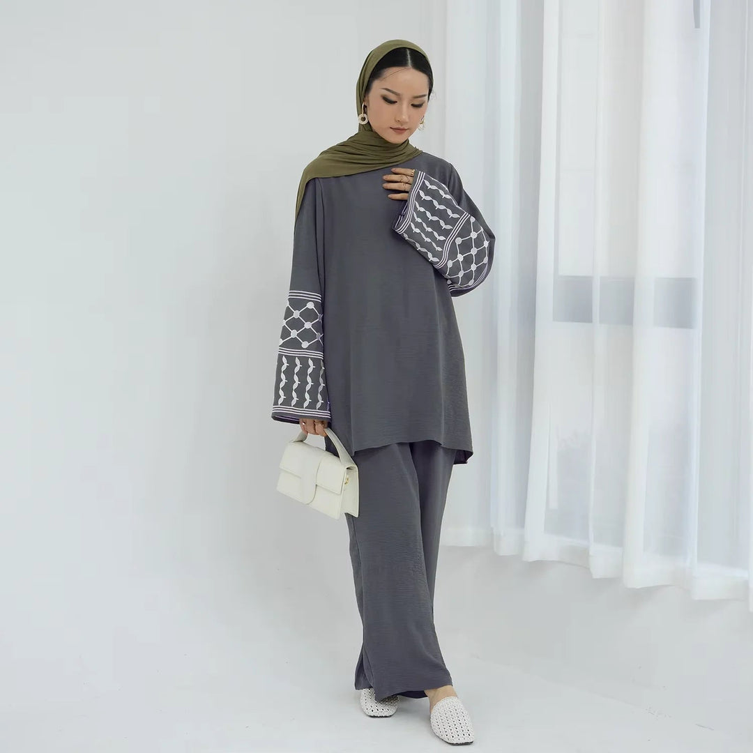 2PCS Embroidery Muslim Women Long Sleeve Tops Pants Set Dubai Turkey Outfits Islamic Clothing Kebaya Eid Ramadan Robe Abaya Suit Beauty hair & fashionfj