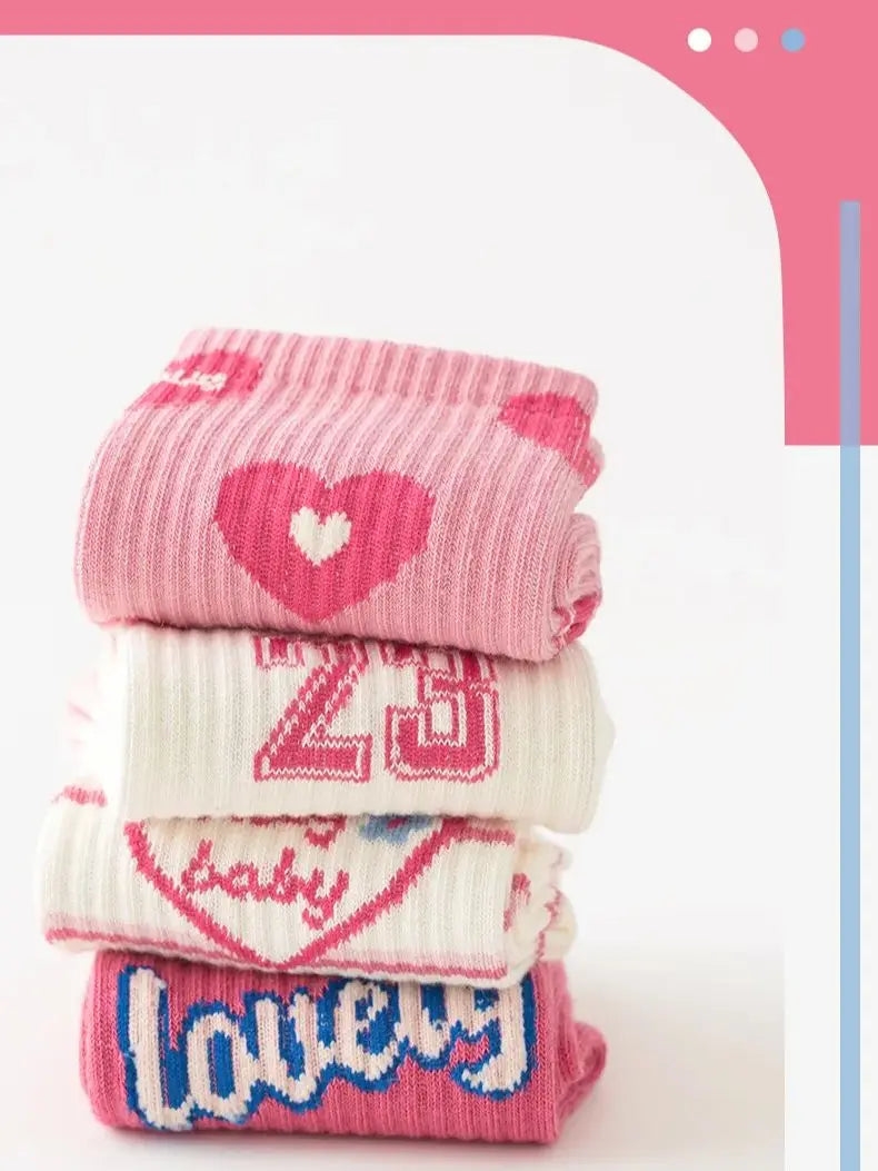 5 Pairs Girls Socks Cotton Socks Spring Autumn Letter Pattern Calf Socks A Class Sporty Socks