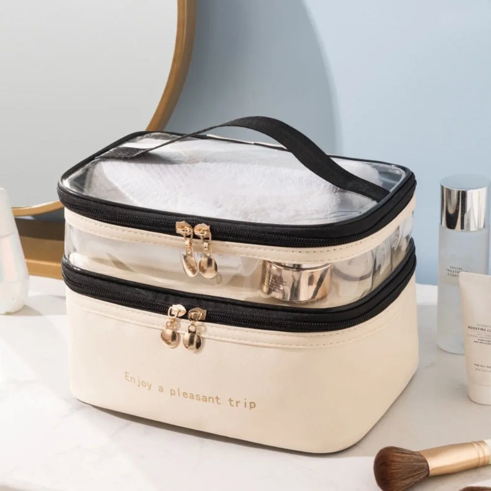 Waterproof Transparent Cosmetic Box PVC Double Layers Travel Toiletries Storage Bag PU Toiletries Organizer