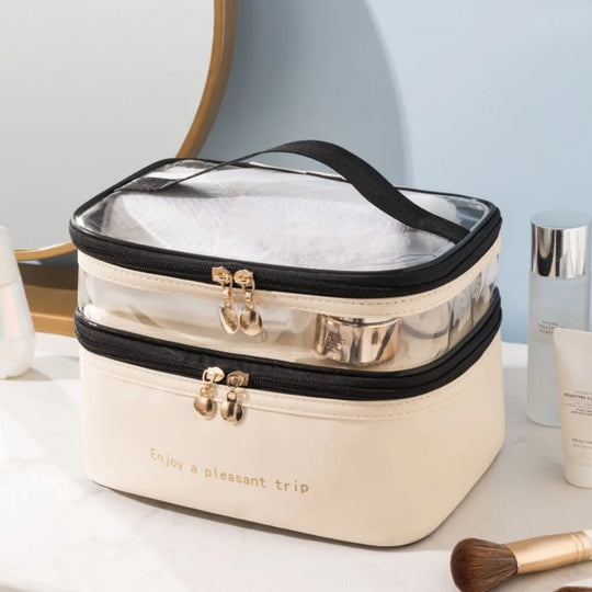 Waterproof Transparent Cosmetic Box PVC Double Layers Travel Toiletries Storage Bag PU Toiletries Organizer