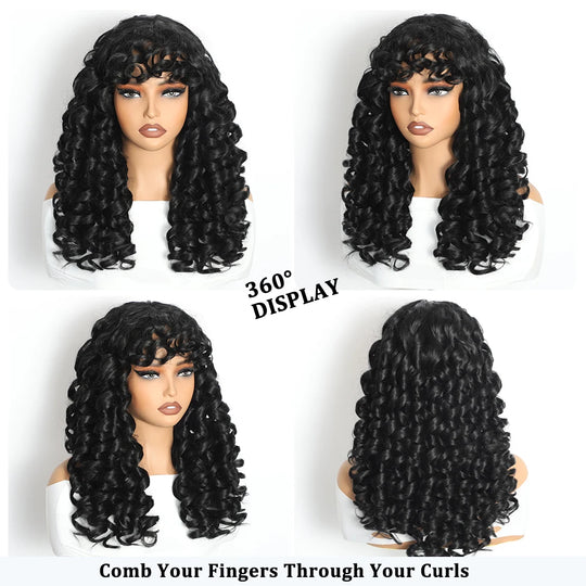 Curly Wig for Women Ombre Blonde Long Curly Wave Wigs with Bangs Synthetic Wig Natural Cosplay Party Heat Resistant Hair
