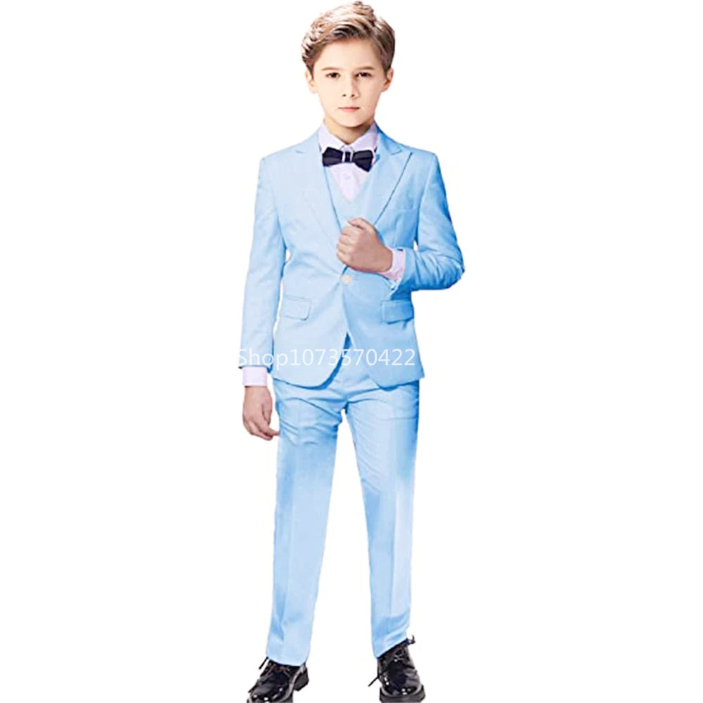 Elegant Blue Suit for Boy Wedding Dresses Casual Boys Suit 3 Pieces Set with Peak Lapel Fitted Blazer Vest Pants Casual Tuxedos