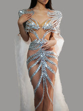 Dance Costume Singer Prom Dinner Gown Evening Banquet Party Elegant Silver Glitter Sequin Birthday Wedding Dress with Cloak Beauty hair & fashionfj