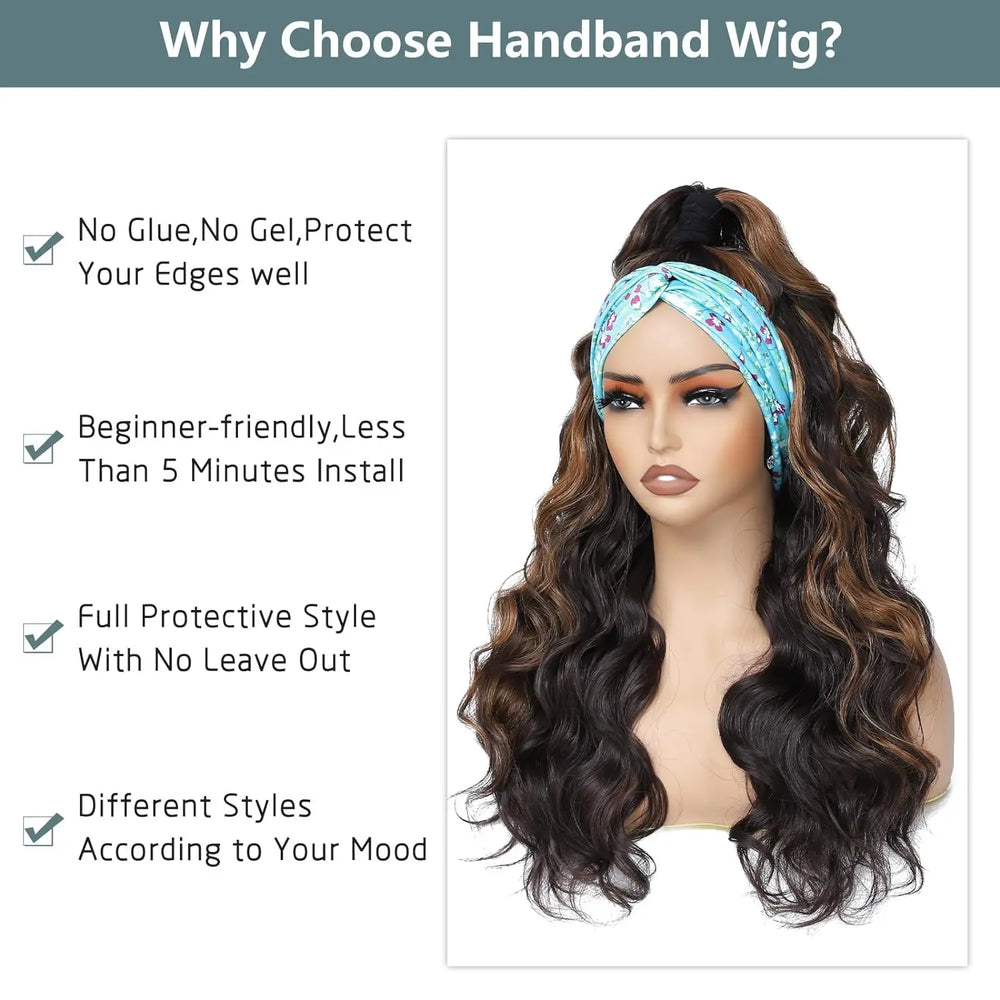 Brown Highlight Headband Wigs For Black Women 26" Body Wavy Wig With Headband Attached Natural Looking Synthetic Hair Wig