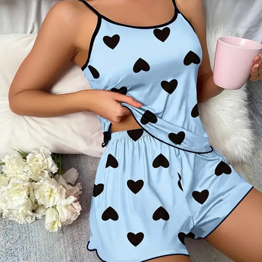 Women's Pajama Set Pajamas T-Shirts Shorts Pink Heart-Shaped Print Round Neck T-Shirt Ice Silk Top Comfortable Casual Summer ﻿ Beauty hair & fashionfj