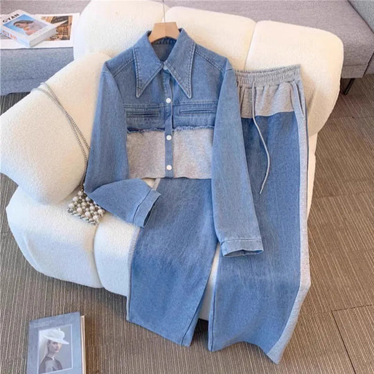 Two Piece Sets Women Pant Set Denim Splice Matching Sets Spring Top Wide Leg Long Pants Casual Loose Lace Up High Waist Jogger Beauty hair & fashionfj
