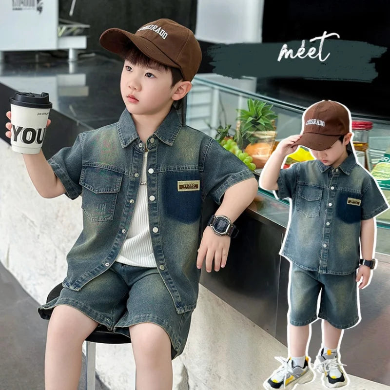 2025 Trendy Boys' Denim Set Vintage Wash Short Sleeve Shirt & Shorts 2-Piece Summer Outfit Beauty hair & fashionfj