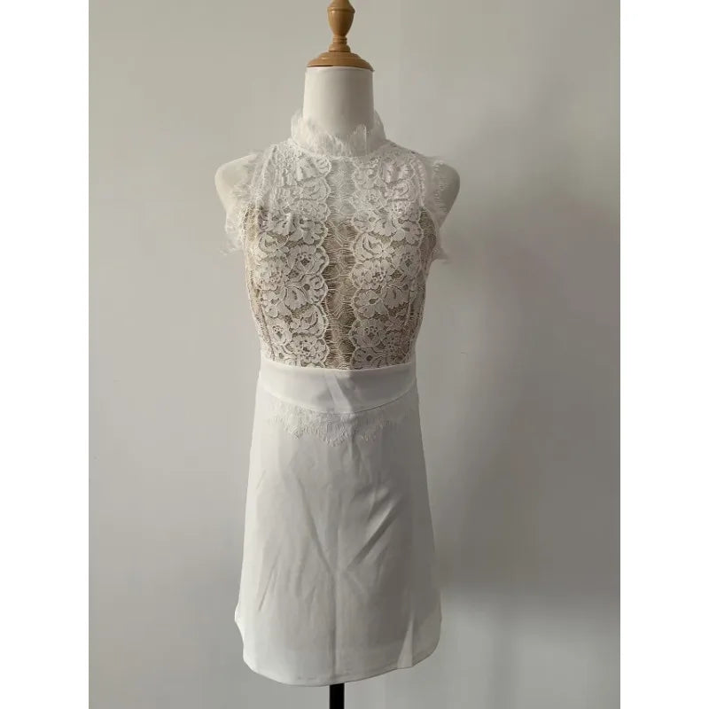 Lace Mini Dress Women Sleeveless Slim Waist Dresses Splice Hip Wrap Korean Round Neck Hollow Out Sweet Solid Summer Wear Beauty hair & fashionfj