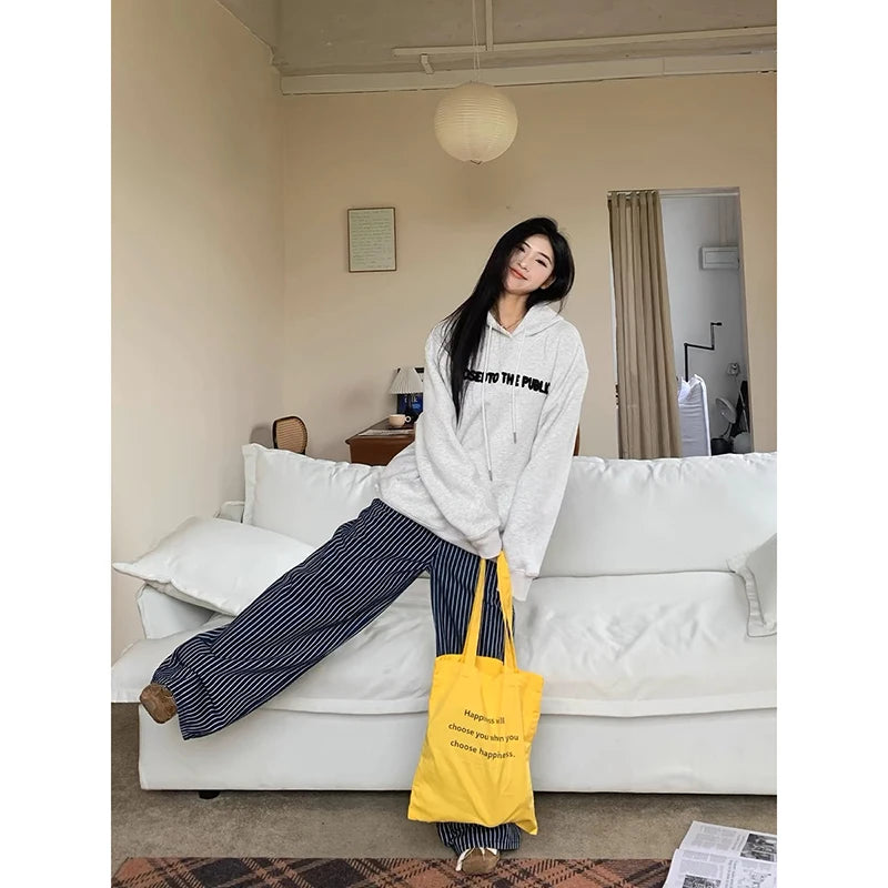 Autumn Y2K Vintage 90s Blue Striped High Waist Wide Leg Pants Women Long Loose Korean Trousers Full Length Bottom Jeans Pants Beauty hair & fashionfj