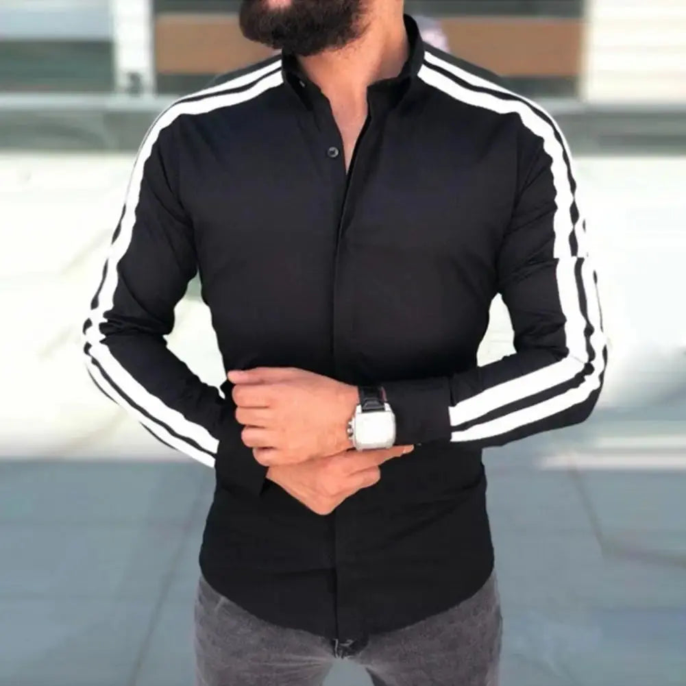 Long Sleeve Turn-down Collar Men Shirt Button Cuffs Side Striped Slim Office Shirt Leisure Clothing Casual Shirt korean popular Beauty hair & fashionfj