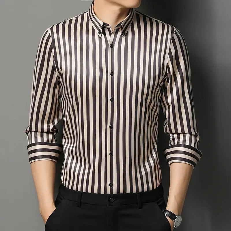 Men's Striped Button-Down Collar Design Iron-Free Dress Shirts, Long Sleeve Stretchy Casual Button Up Shirt for All-Seasons Beauty hair & fashionfj