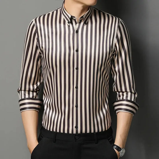 Men's Striped Button-Down Collar Design Iron-Free Dress Shirts, Long Sleeve Stretchy Casual Button Up Shirt for All-Seasons Beauty hair & fashionfj