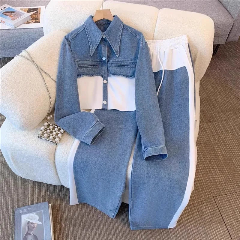 Two Piece Sets Women Pant Set Denim Splice Matching Sets Spring Top Wide Leg Long Pants Casual Loose Lace Up High Waist Jogger Beauty hair & fashionfj