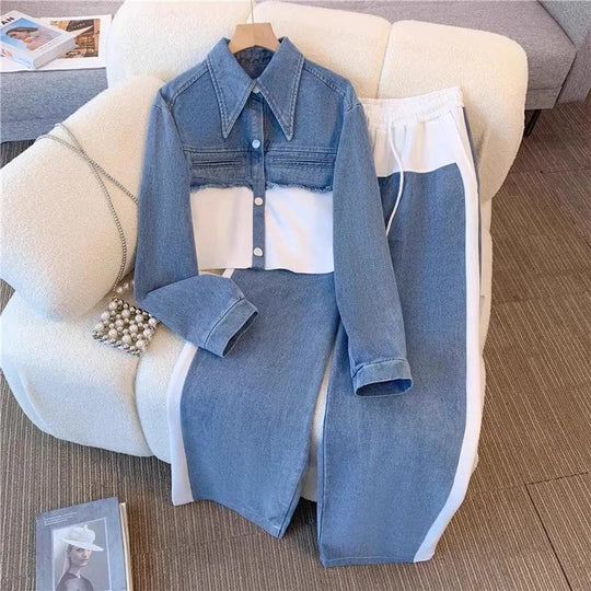 Two Piece Sets Women Pant Set Denim Splice Matching Sets Spring Top Wide Leg Long Pants Casual Loose Lace Up High Waist Jogger Beauty hair & fashionfj