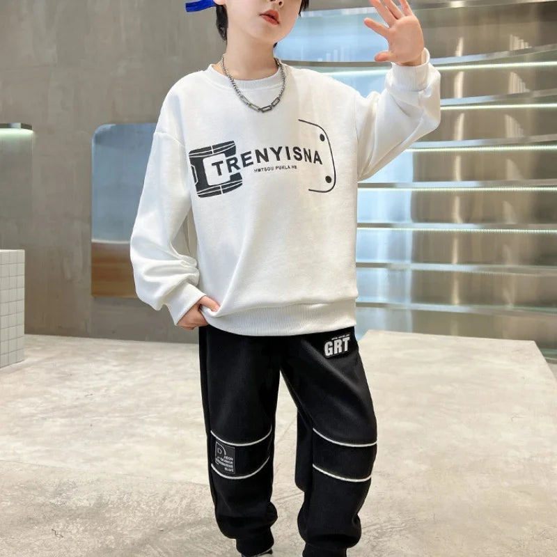 Boys Sweatshirts +Pants Kids Suits 2PCS/Set Cotton 2025 White Spring Autumn Outfits Teenagers Holiday Jogging Suit Children Clot Beauty hair & fashionfj