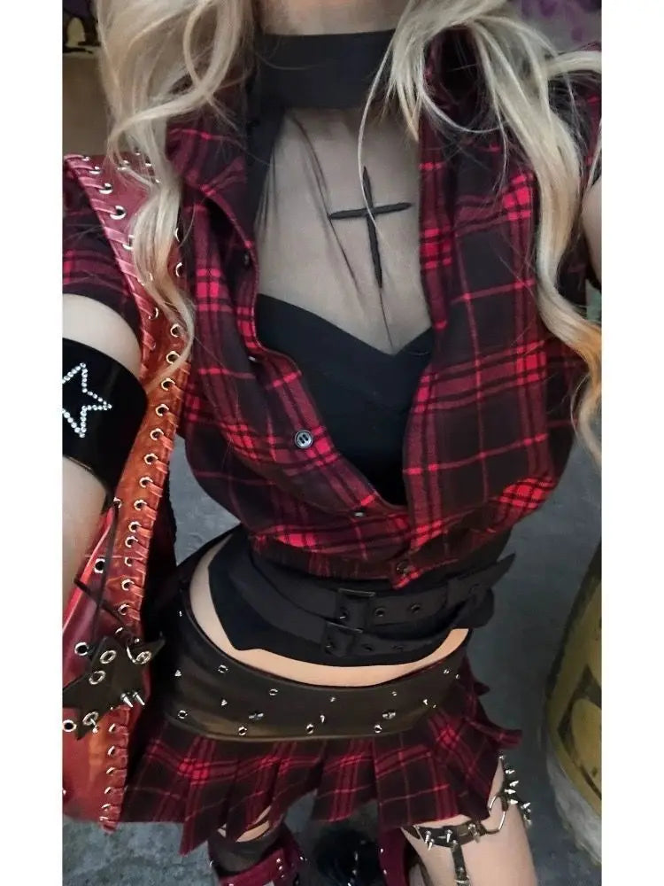 Goth Punk Plaid Two Piece Set Women Red Black Short Sleeve Crop Top Mini Pleated Skirt Belt Gloves Straps Streetwear Outfit 2025 Beauty hair & fashionfj
