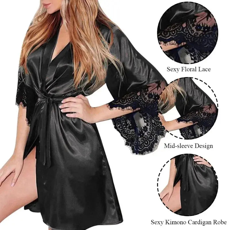Women Night Gown Robe with G String Floral Lace Bathrobe Halt Sleeve Nightdress Female French Sexy Silky Satin Sleepwear Beauty hair & fashionfj