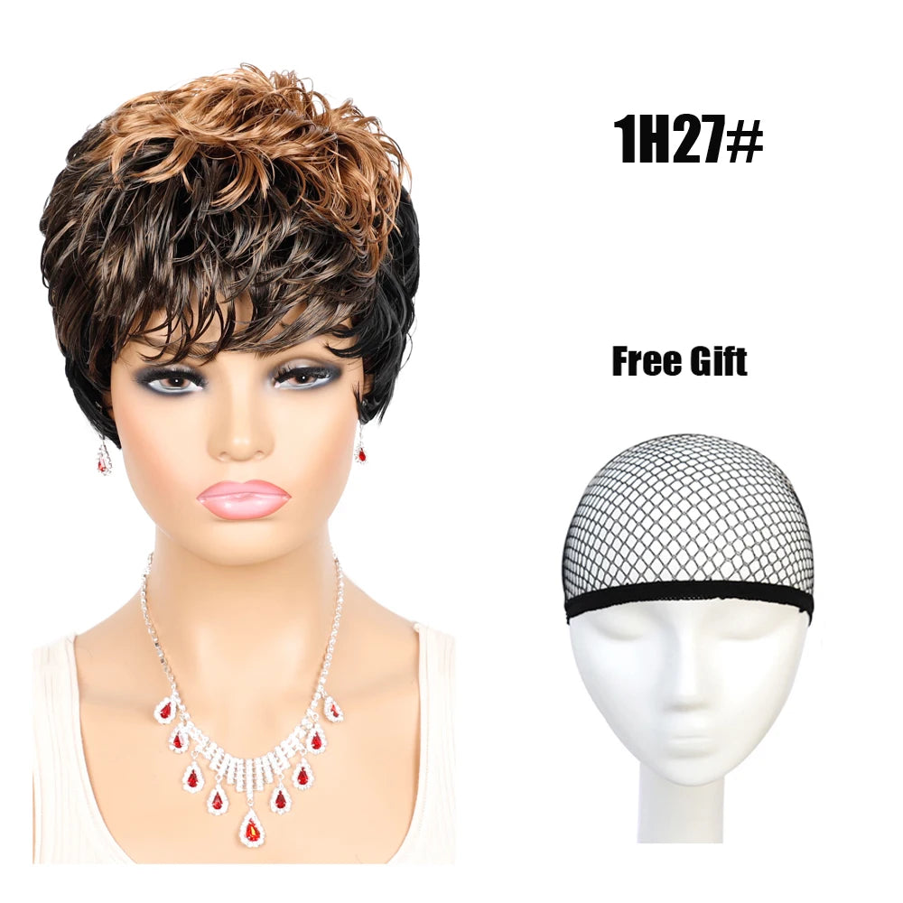 Short Wigs Women Natural Wave Wigs For Women Black Color Heat Resistant Fiber Synthetic Hair Pixie Cut Wig With Bangs