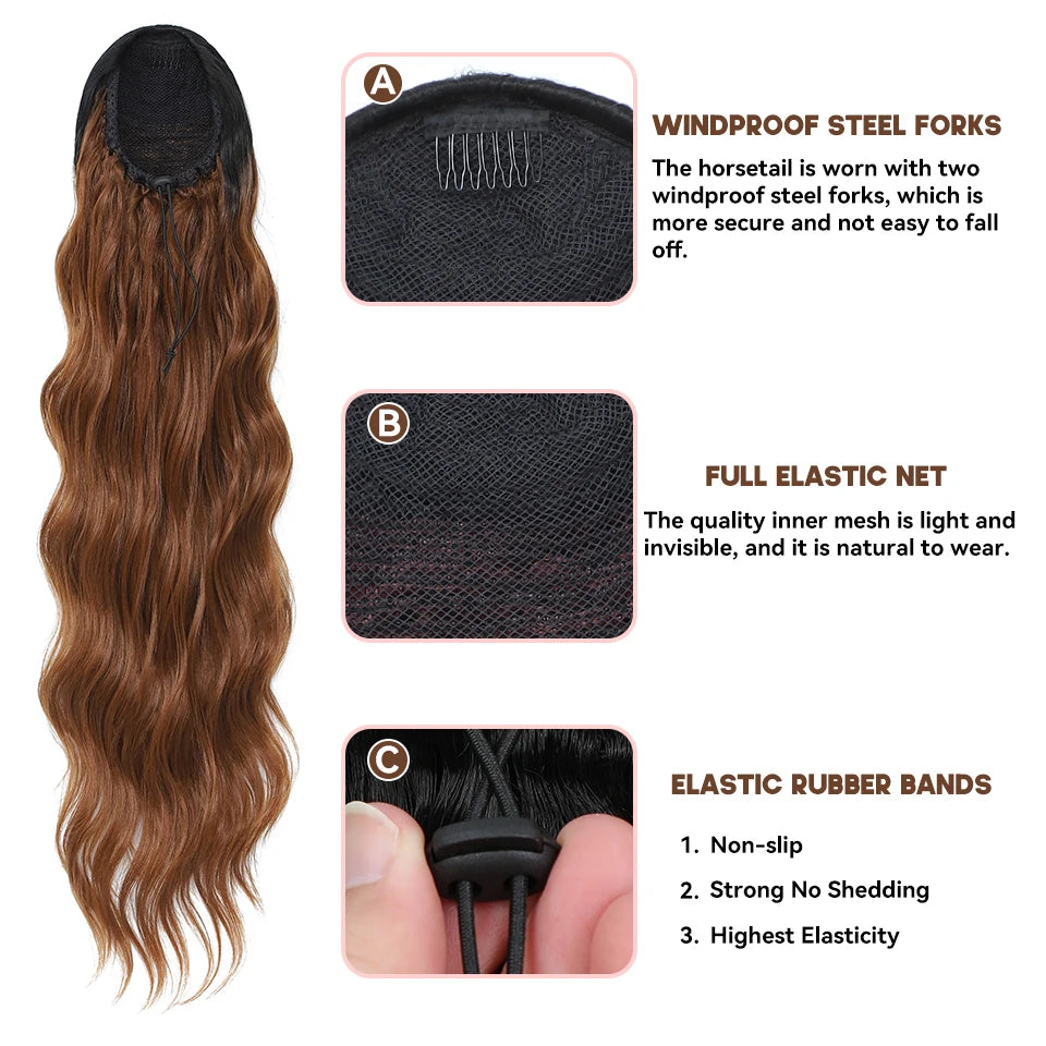 28 Inch Drawstring Ponytail Synthetic Hair Extensions For Black Women Long Wavy Clip-in High Temperature Pony Tail For Afro Girl
