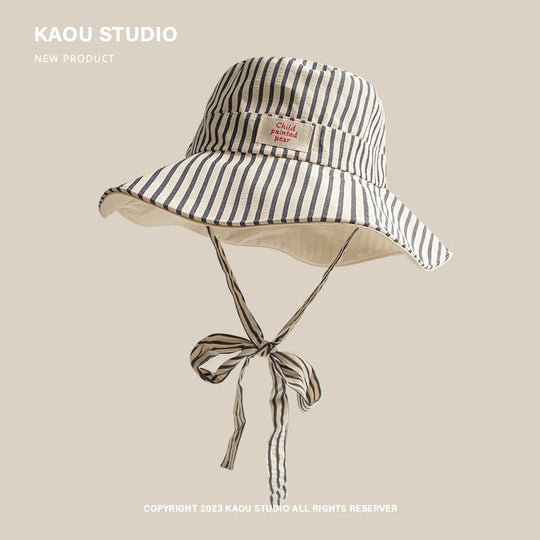 Korean Version Ins Retro Striped Big Brim Sun Hats for Women Summer Travel Sunscreen Versatile Fashion Strap Bucket Hat Beauty hair & fashionfj