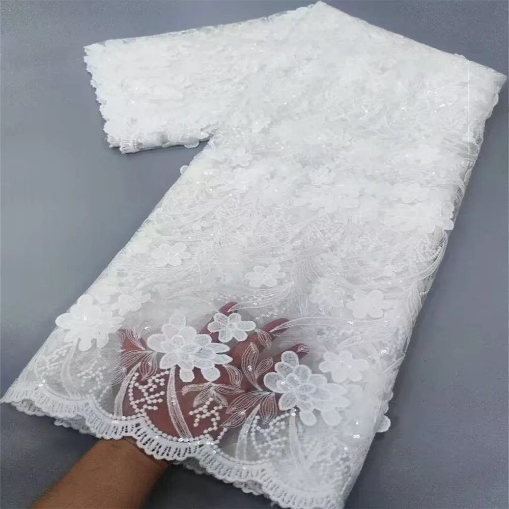 White Nigerian Lace Fabric 2023 High Quality African Net Lace Fabric With Sequins Embroidery Fabric For Wedding 5Yards Beauty hair & fashionfj