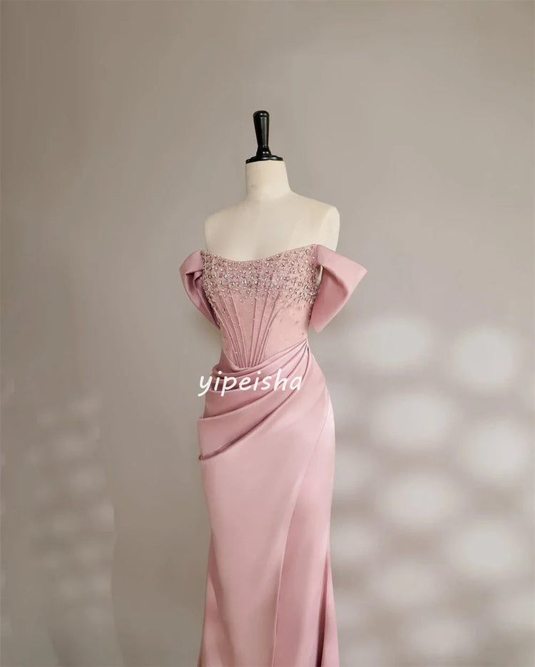 Customized Exquisite Jersey Sequined Pleat Ruched A-line Off-the-shoulder Strapless Long Dresses Cocktail Dresses Classic Modern Beauty hair & fashionfj