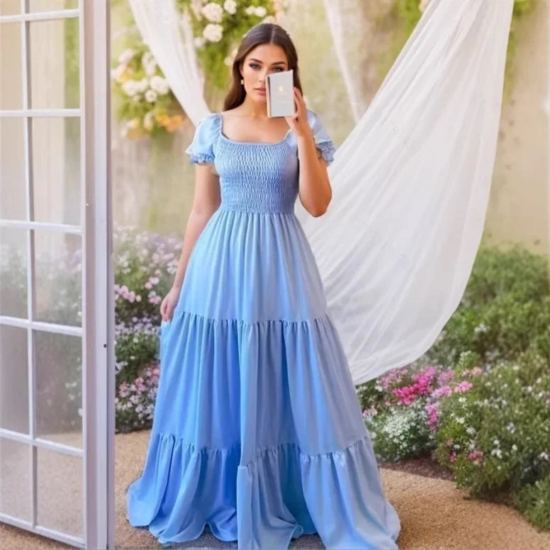 Cross-Border Pure Color Square Collar Long Dress Splice Design Commute Friendly Elegant Maxi Gown for Women Beauty hair & fashionfj