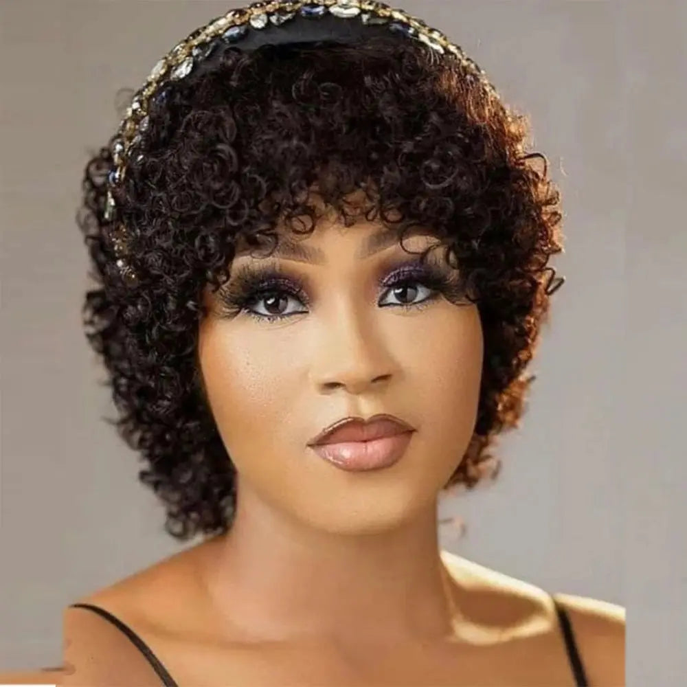 8 Inch Short Pixie Curly Bob Wig with Bangs Brazilian Human Hair Bouncy Curl Wig for Women Ready to Go Wig Beauty hair & fashionfj