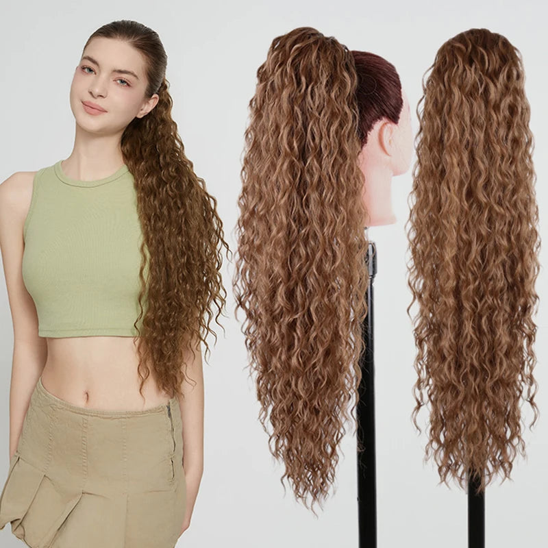 Julianna Synthetic Kanekalon Black Drawstring Water Wave Ponytail Extension Female Curly Wavy Clip In Ponytail Hair Extension