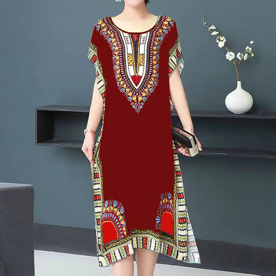 Summer Trend Ethnic V-Neck Printed Women's Dress Vintage Elegant Batswing Sleeves Elastic Waist Large Swing Casual Holiday Dress Beauty hair & fashionfj